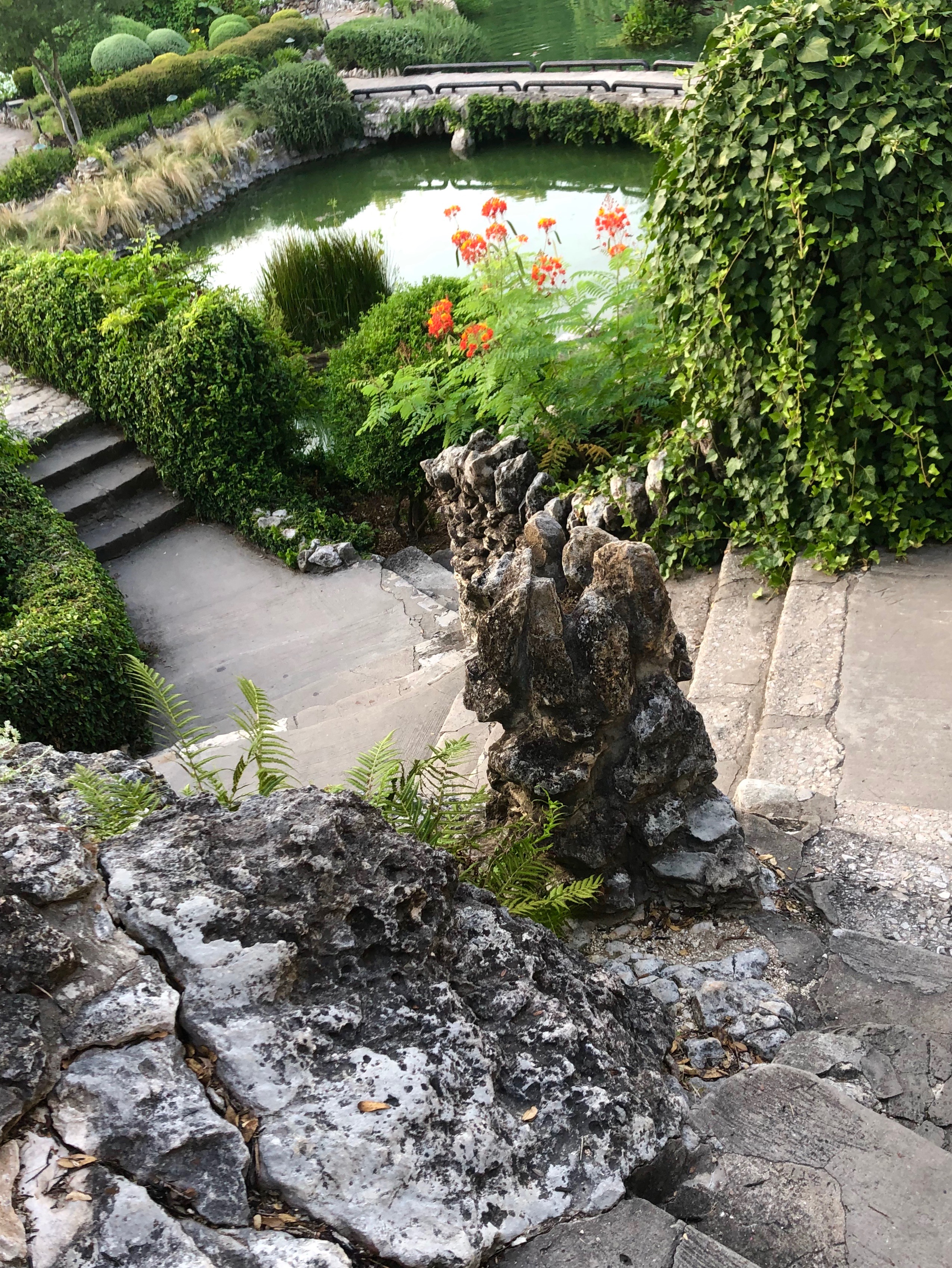 Stone steps lead down in to garden with bushes and ponds.