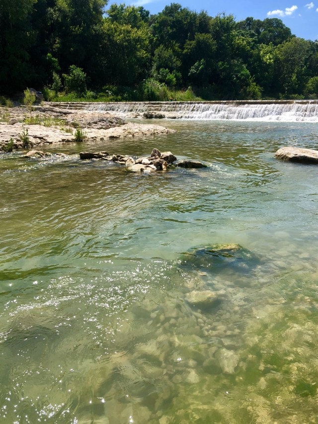 Riverbed is exposed underneath the clear water, the riverbed consists of mossy rocks.